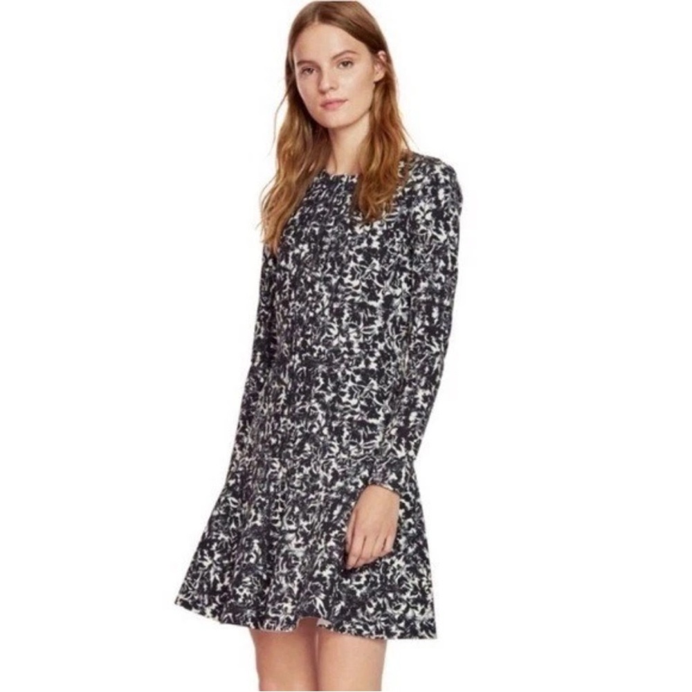 Tory Burch Black & Cream Floral Long Sleeve Quarter Button Dress Sz Small
